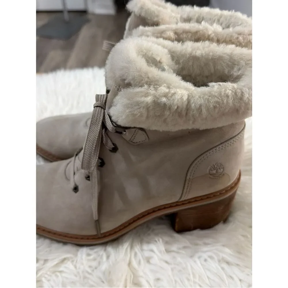 Timberland Women's Taupe Lace-Up Shearling Collar Boots Size 10